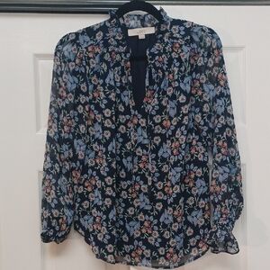 LOFT Dark Blue Blouse with Floral Pattern